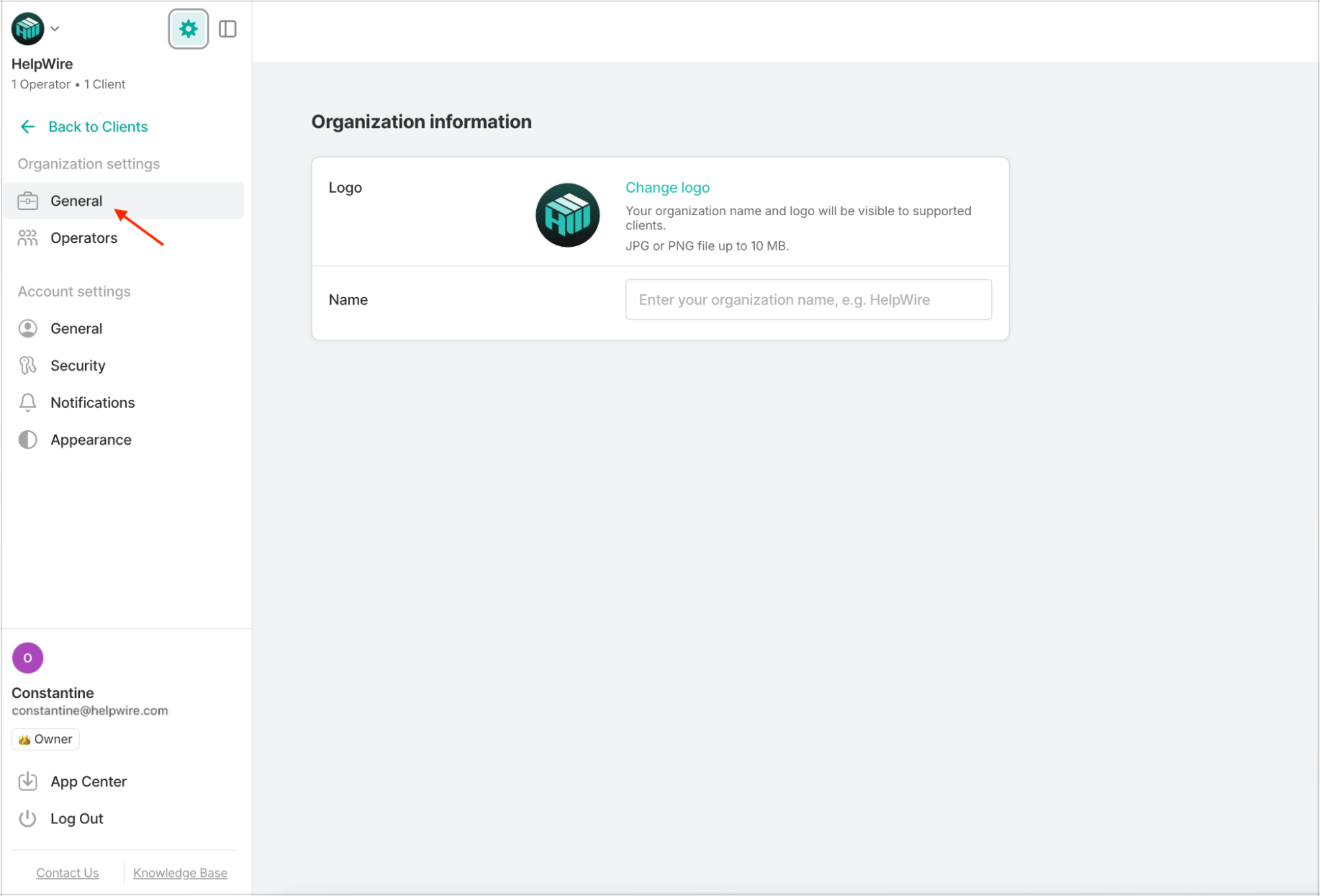General organization settings in a HelpWire account