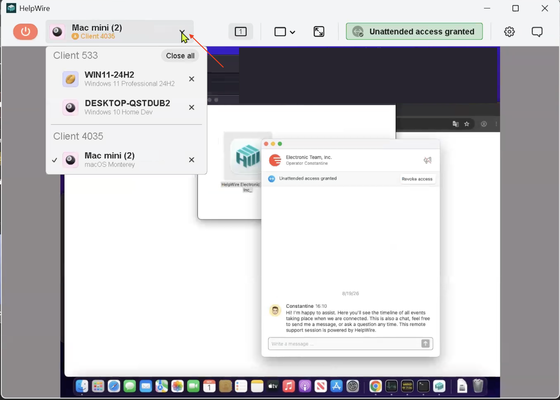 Clients and workstations in the minimized Operator app window