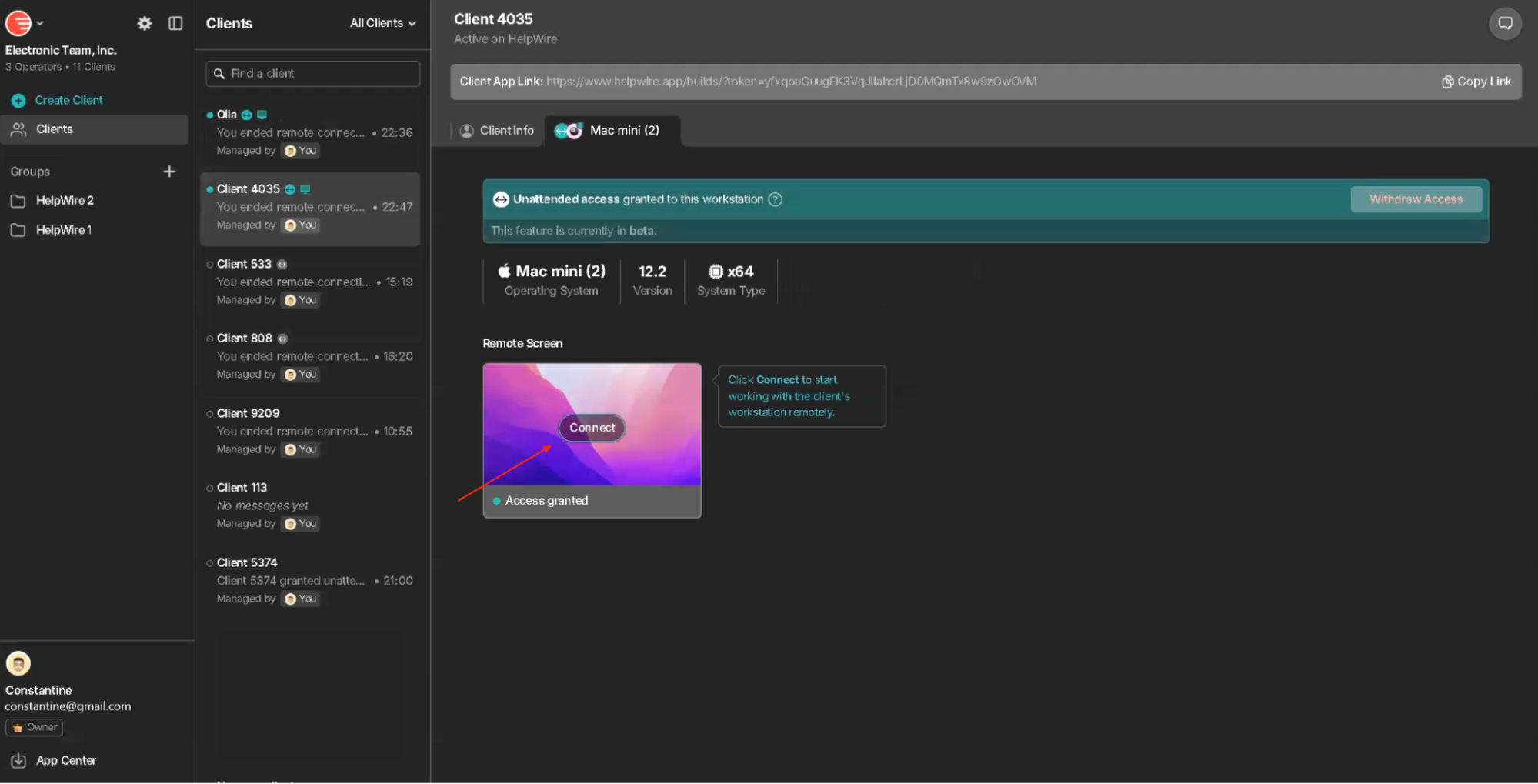 Connecting to a client in the Web Portal