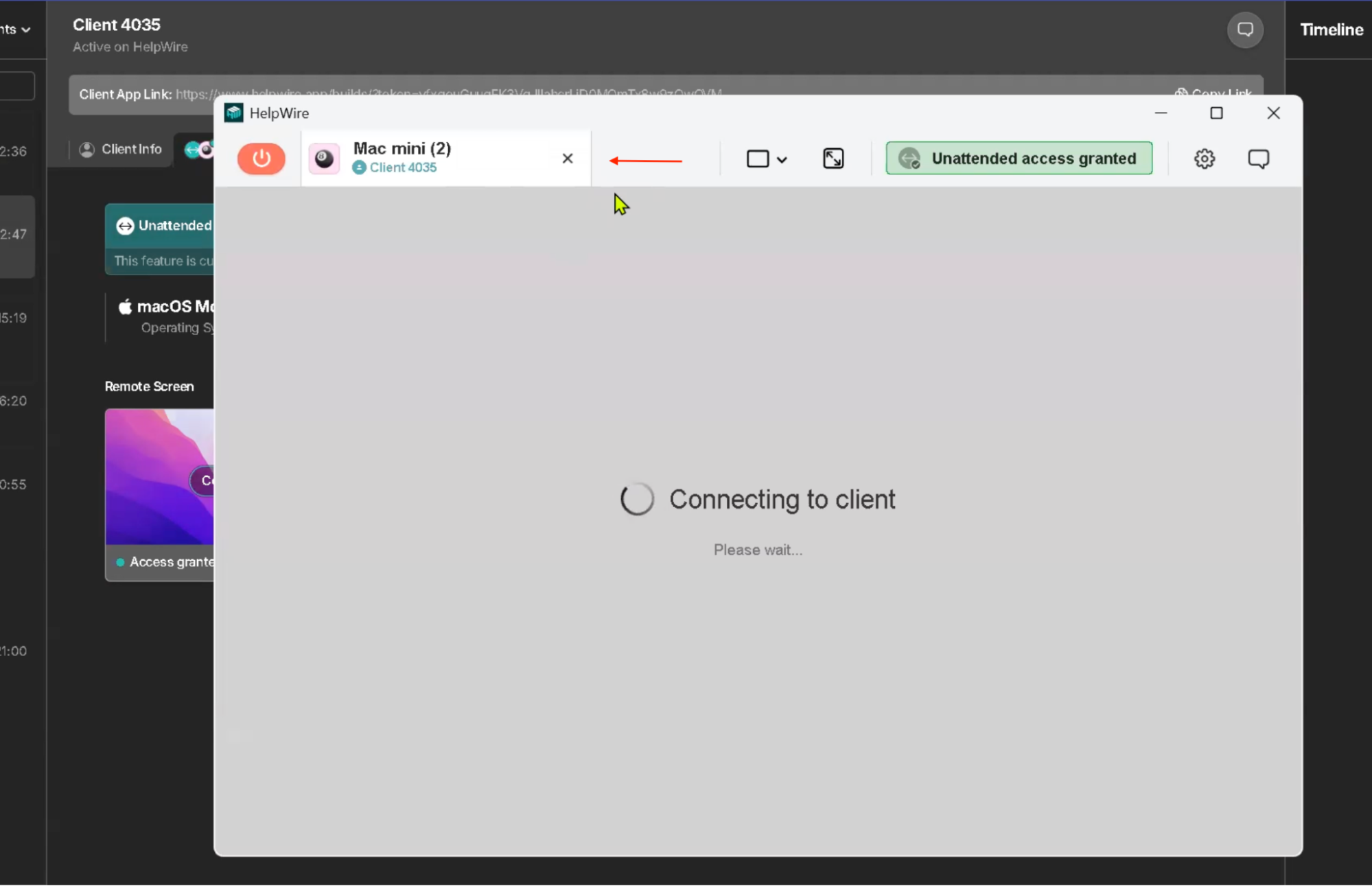 Client's workstation appears in the Operator app